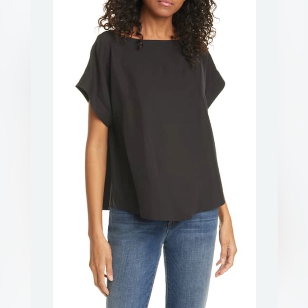 EILEEN FISHER NWOT Bateau Neck Cap Sleeve Sandwash Lyocell Top in Black